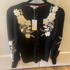 Boden black cardigan with white embroidered flowers